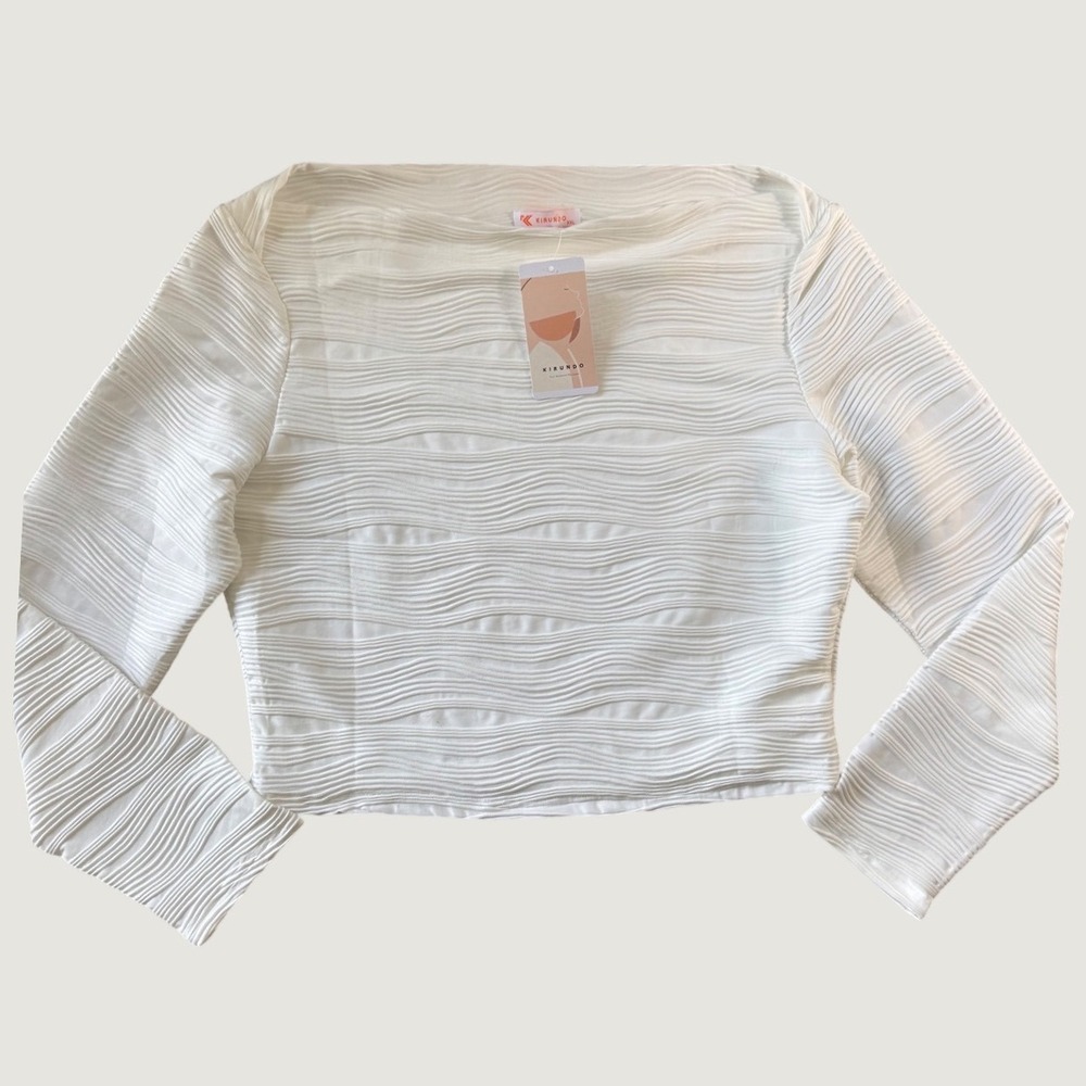 Kirundo Womens White Wavy Textured Boat Neck Long Sleeve Crop Top XXL NWT